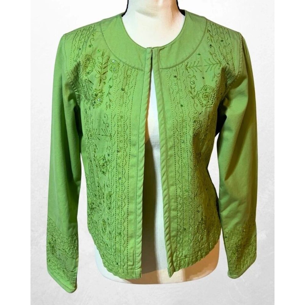 Chicos Green Embroidered Cotton Jacket Size 0 Beaded Detail Lined Blazer